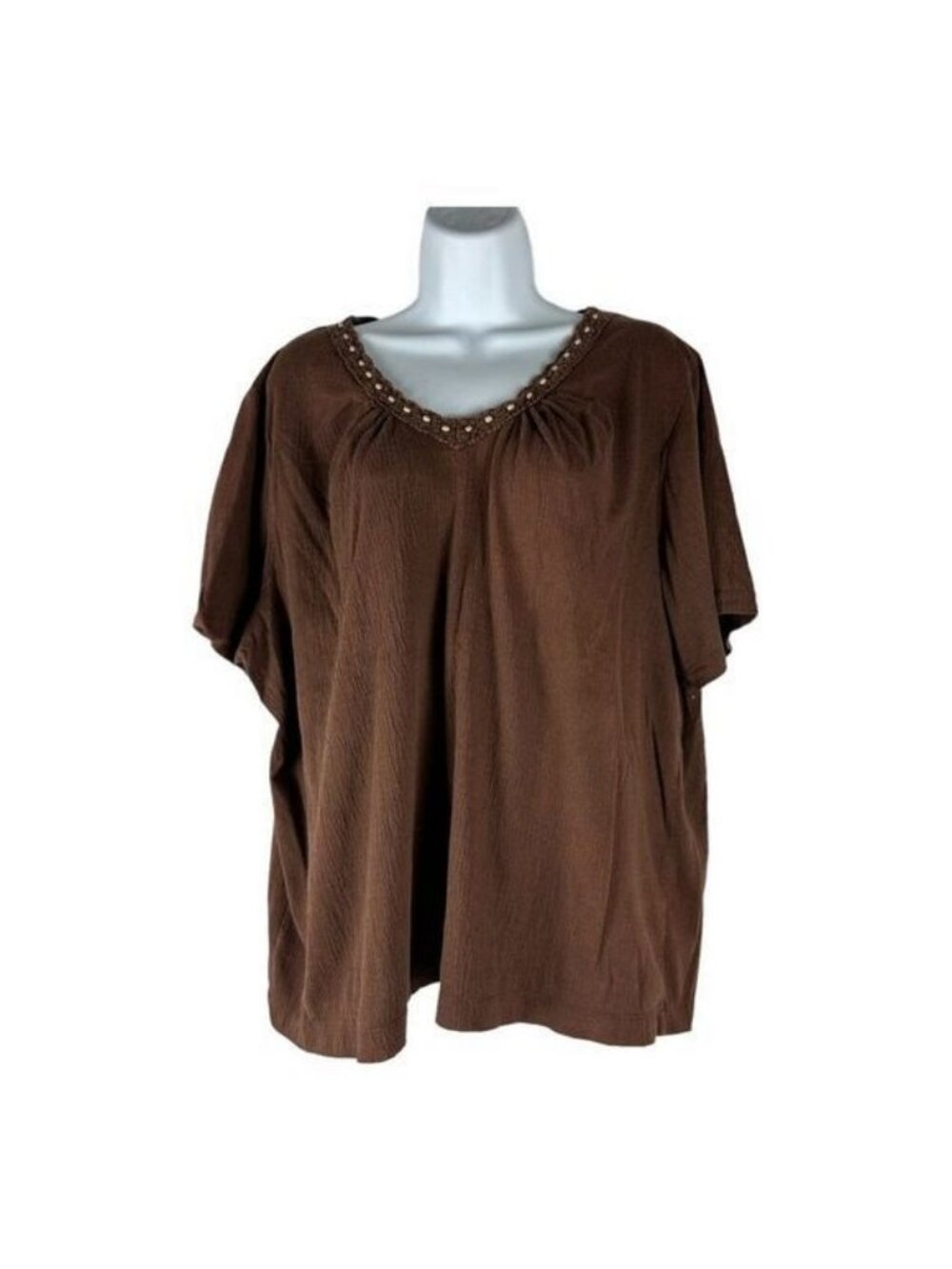 White Stag Womens Plus Size 16W Brown Beaded Scoop Neck Stretch Top Short Sleeve